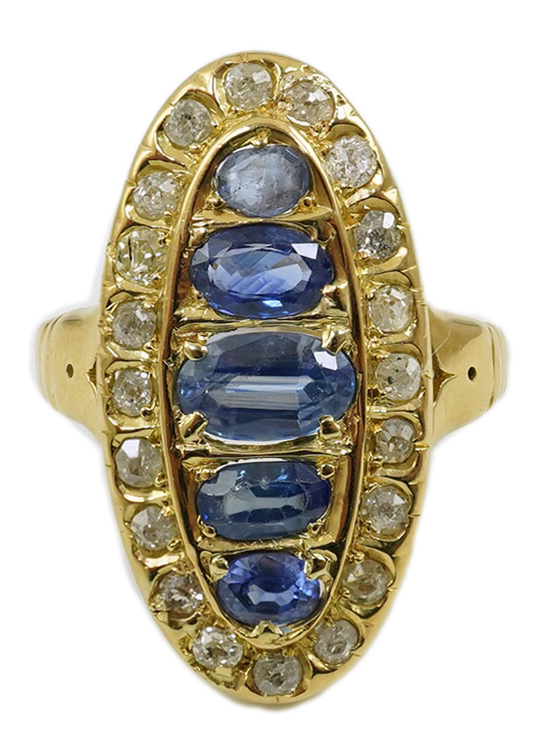 A late Victorian 18ct gold sapphire and diamond set oval cluster ring